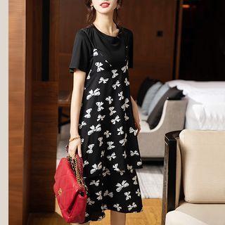 Set: Spaghetti Strap Bow Print Midi A-line Dress + T-shirt