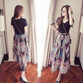 Mock Two Piece Short-sleeve Midi Chiffon Dress