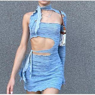 Long-sleeve One-shoulder Cutout Mini Dress