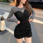 Mock Two-piece Long-sleeve Shirred Sheath Dress Black - One Size