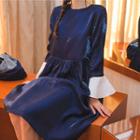 Contrast-cuff Shirred-waist Satin Dress