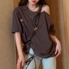 Short-sleeve Off-shoulder Strappy Asymmetrical T-shirt Coffee - One Size
