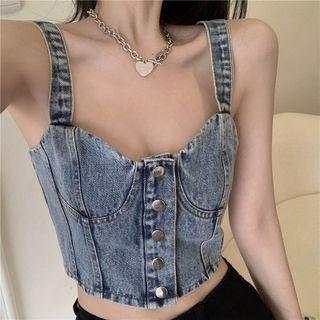 Button-up Denim Crop Tank Top