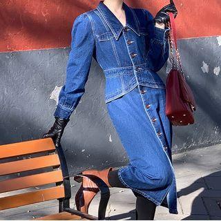 Long-sleeve Button-up Denim Midi Sheath Dress