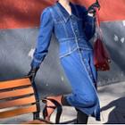 Long-sleeve Button-up Denim Midi Sheath Dress