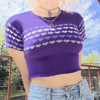 Short-sleeve Heart Print Crop Knit Top