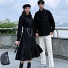 Couple Matching Plain Shirt / Long-sleeve Collared Midi A-line Dress / Belt / Set