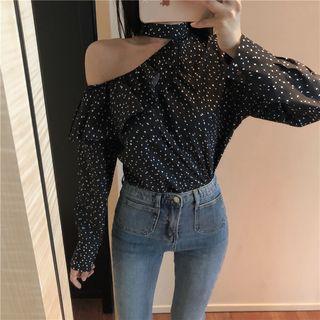 Dotted Cut-out Ruffle Trim Blouse