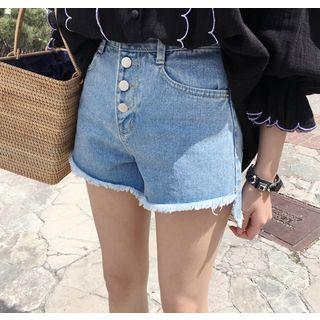 Asymmetric Fringe-hem Denim Shorts