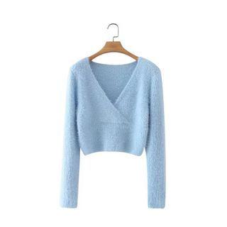 V-neck Plain Knit Crop Top Blue - One Size