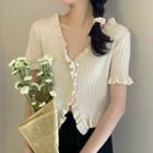 Short-sleeve Ribbed Ruffled Cardigan