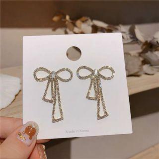 Rhinestone Bow Drop Earring 1 Pair - Earring - Silver Pin - Rhinestone - Bow - Gold - One Size