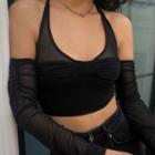 Long-sleeve Halter Off-shoulder Mesh Crop Top