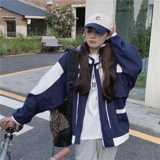 Mock-neck Two Tone Zip Oversize Jacket Blue - One Size