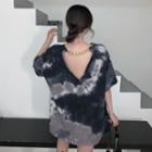 Short-sleeve Tie Dye Open Back T-shirt Tie Dye - Black & Gray - One Size