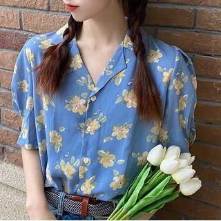Floral Print Short Sleeve Shirt Floral Print - Blue - One Size
