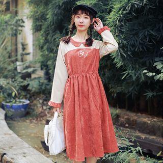 Floral Embroidered Two-tone Long-sleeve Dress