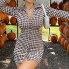 Long-sleeve Houndstooth Cutout-waist Mini Shirt Dress