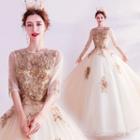 Elbow-sleeve Floral Embroidered Wedding Ball Gown