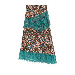 Lace Panel Floral Midi A-line Skirt