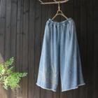 Leaf Embroidered Crop Wide Leg Jeans Denim Blue - One Size