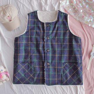 Reversible Plaid Fleece Button-up Vest White & Blue - One Size
