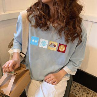 3/4-sleeve Cartoon Embroidered T-shirt