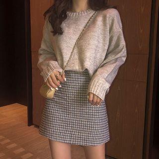 Plain Sweater / Plaid Mini A-line Skirt