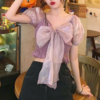 Puff-sleeve Tie Neck Glitter Ruffled Top