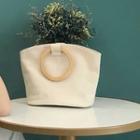 Hoop Handle Canvas Handbag Zip - Beige - One Size