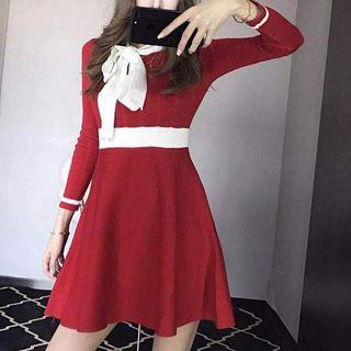 Tie-neck Long-sleeve Knit A-line Dress