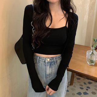 Set: Long-sleeve Plain Cardigan + Plain Cropped Camisole Top