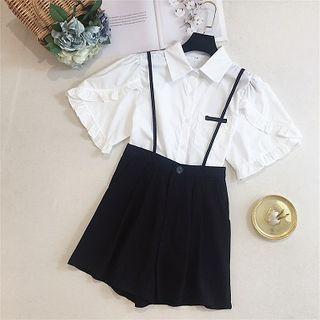 Set: Ruffle Trim Short-sleeve Blouse + Wide-leg Jumper Shorts