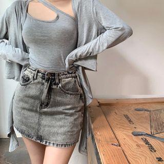 Slim-fit Denim Skort / Set: Plain Light Jacket + One-shoulder Sleeveless Top