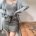 Slim-fit Denim Skort / Set: Plain Light Jacket + One-shoulder Sleeveless Top