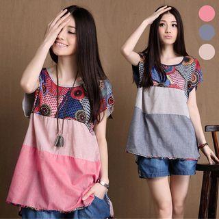 Print Panel Linen Cotton Short-sleeve Top