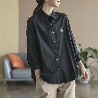 Long Sleeve Bear Embroidered Oversized Shirt
