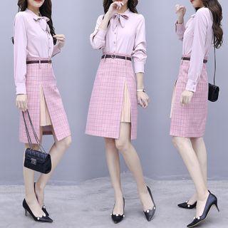 Set: Tie-neck Shirt + Plaid A-line Skirt