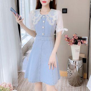 Mock Two-piece Puff-sleeve Lace Collar Denim Dress
