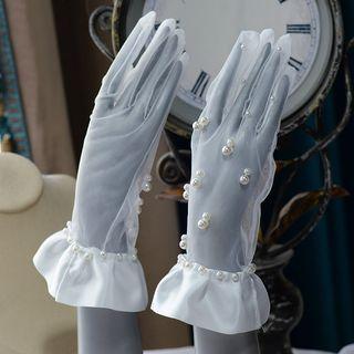 Faux Pearl Mesh Wedding Gloves White - One Size