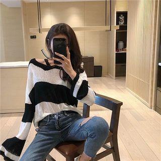 Color-block Striped Off-shoulder Knit Top Black - One Size
