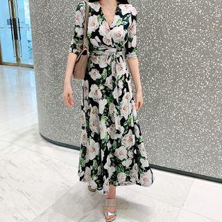 Short-sleeve Floral V-neck Tie-waist Maxi Dress