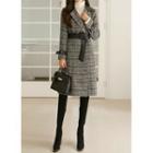 Belted Pleather-panel Plaid Coat