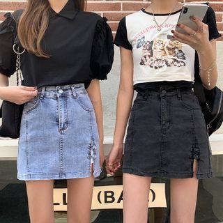 High-waist Denim Frog-button Mini Pencil Skirt