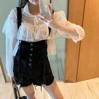 Sheer Blouse / Denim Jumper Shorts