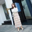 Set: Round-neck Knit Top + Midi Velvet Layered Skirt