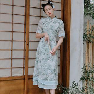 Leaf Print Short-sleeve Midi A-line Qipao