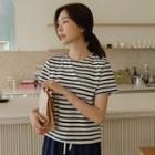 Colored Button-shoulder Stripe T-shirt