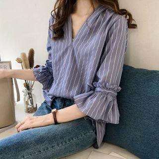 Balloon-sleeve Striped Ruffled Blouse