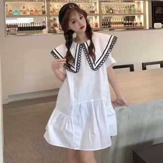 Elbow-sleeve Lace Trim Wide Collar A-line Dress
